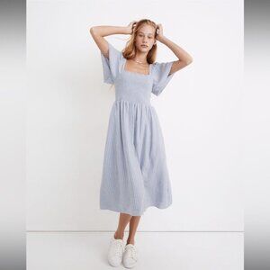 Madewell Linen-Blend Lucie Smocked Midi Dress in Stripe - Size Small